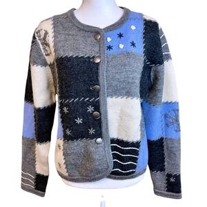 Vintage Tally Ho Patchwork Boiled Wool‎ Cardigan Sweater Sz M Winter Snowflakes